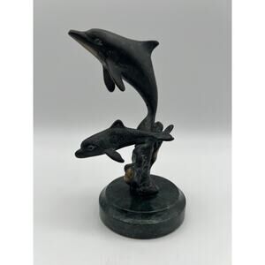 SPI Bronze Mom & Baby DOLPHIN 6” Figurine Statue on Marble Base Nautical Decor